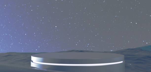 istock Close up empty neon glowing metallic product display podium surrounded by water in the night sky with a sky full of stars, galaxy backdrop. 3D advertising template, submerged glowing platform 2157100854