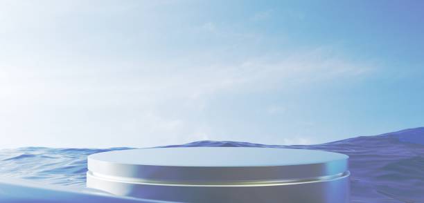 istock 3D Rendered Silver Metal product Platform . Layered silver round podium surrounded by water with sea and sky horizon background. Modern advertisement template. Perfect for aquatic items. 2157100856