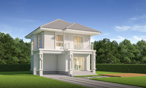 istock contemporary house exterior day light with lawn grass.3d rendering 2157102232