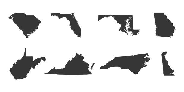 ilustrações de stock, clip art, desenhos animados e ícones de south region. south atlantic: delaware, florida, georgia, maryland, north carolina, south carolina, virginia, west virginia. states of america territory. separate states. - carolina do norte estado dos eua