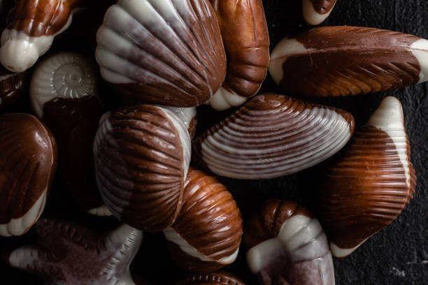 istock Chocolate candies in the shape of shells on a dark background 2157112812