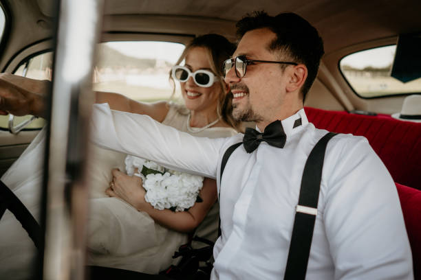 Pre-wedding shoot of a bride and groom  with old timer car
