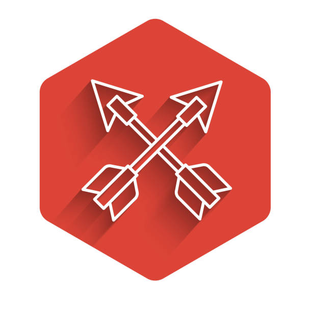 White line Crossed arrows icon isolated with long shadow. Red hexagon button. Vector White line Crossed arrows icon isolated with long shadow. Red hexagon button. Vector. cherokee clip art stock illustrations
