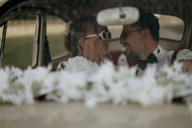 Pre-wedding shoot of a bride and groom  with old timer car