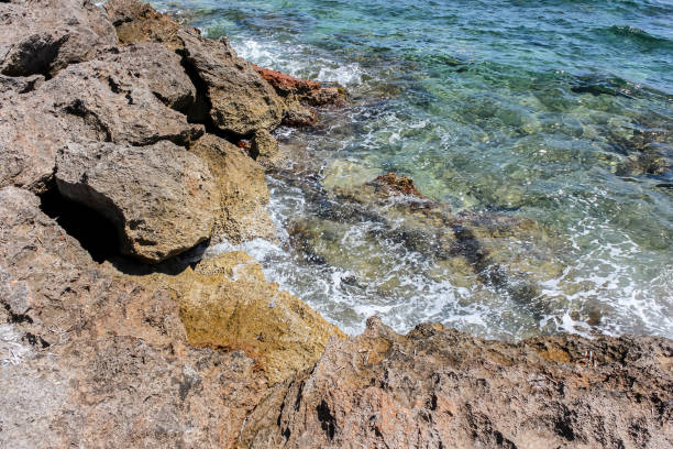 Close-up of the stone shore. Clean sea water on the island of Mallorca.
