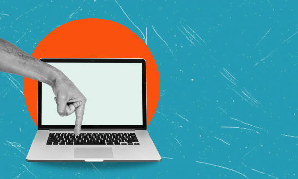 istock Art collage, modern art collage featuring a laptop and a hand pressing a keyboard. 2157119929