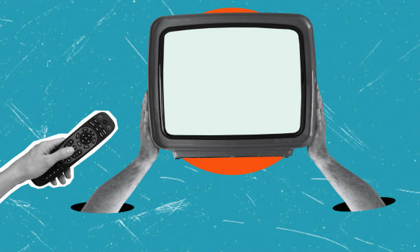 istock Modern art collage depicting a TV and a hand with a remote control on a blue background. 2157120086