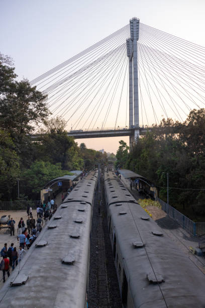 istock High angle view of trains at platform under Vidyasagar Setu against sky 2157121051