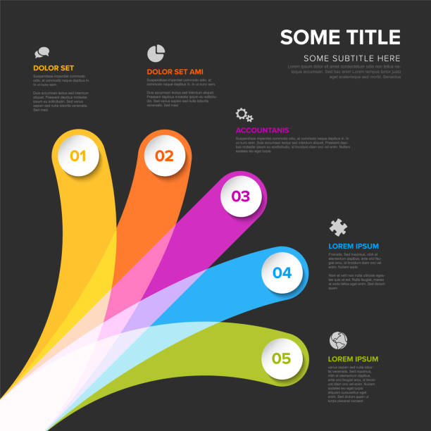Multipurpose dark infographic with five different elements with icons and descriptions Simple multipurpose infographic rainbow color template with five different options choices each with number title icon and description on black background subdivide be stock illustrations