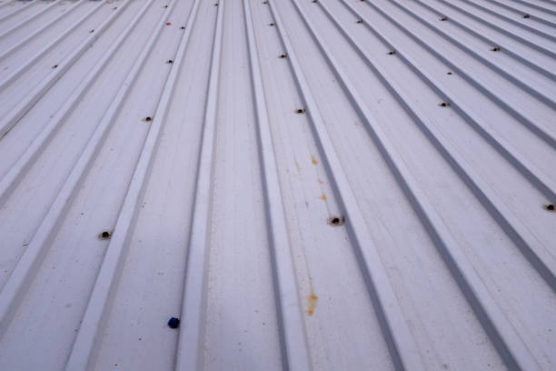 istock Close-up of old shutter door. Metallic rusty texture stripe pattern on door. 2157124563