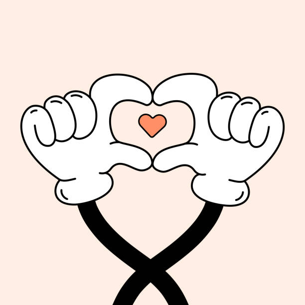 Web Cartoon hands in gloves making a heart. Retro style illustration. Funny Hands in groove style making a heart with fingers. Symbol of love from two hands.Vector illustration. 2 hearts stock illustrations
