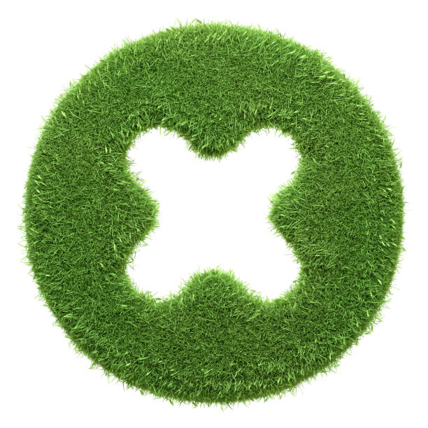 A green grass textured cancel button, representing digital dismissal or stop actions in an eco-friendly interface, isolated on white. 3D render illustration