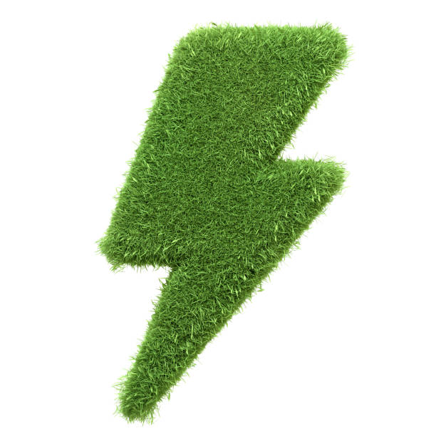 A striking lightning bolt symbol created from vibrant green grass, symbolizing energy and natural power, isolated on white background