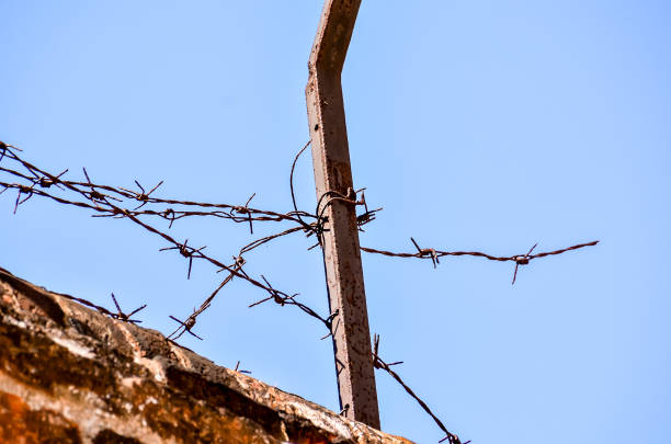istock A rusty metal pole with barbed wire wrapped around it 2157130684