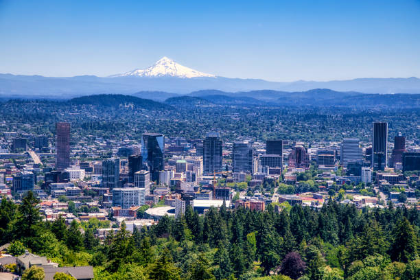 istock Panorama Portland Oregon skyline with Mt. Hood 2157132103