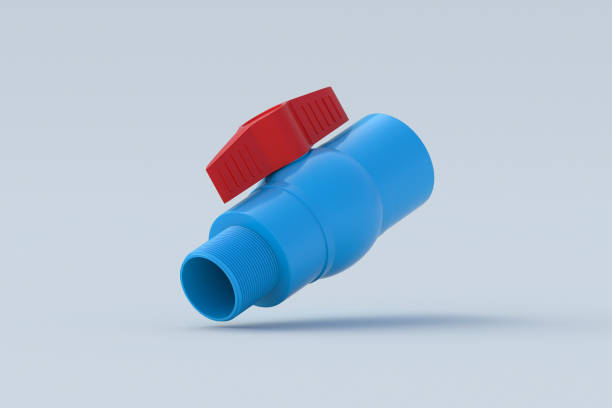 Falling PVC ball valve on gray background. Plumbing accessories. Pipeline equipment. Flow pressure control. Tools for gardening. 3d render
