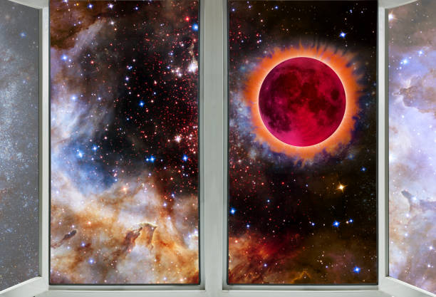 A window with two panes, each depicting a different celestial scene. On one side, a starry night sky with a blood moon eclipse. On the other, a nebula with scattered stars.