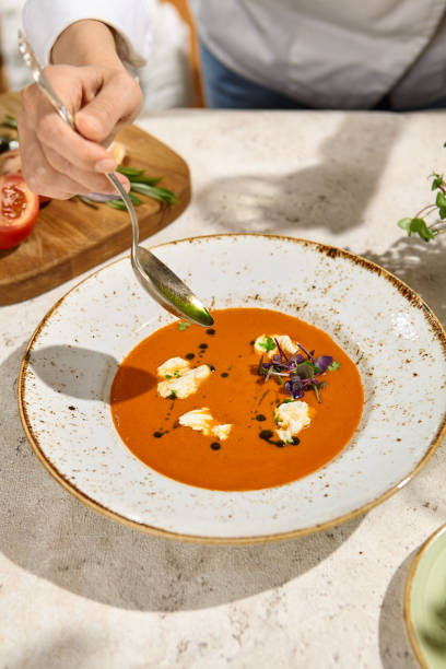 Delicious Tomato Soup with Burrata Cheese Garnished in Sunlit Summer Setting