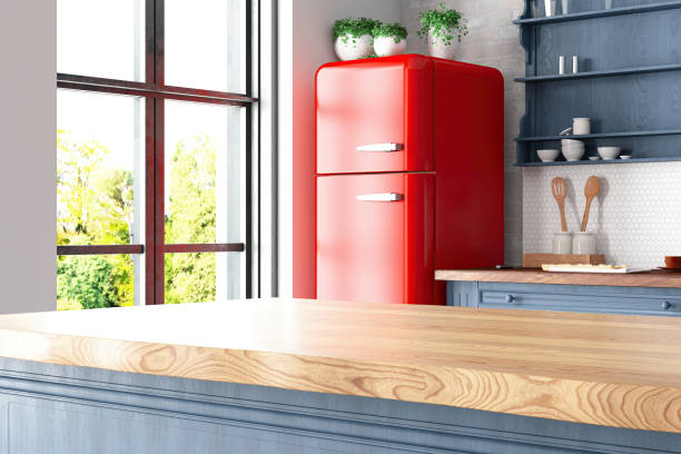 istock Cozy Retro Kitchen Interior with a Red Fridge and Kitchen Counter 2157136280