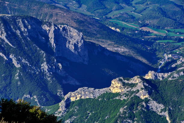 panorama of steep mountains and forests from Monte Nerone top