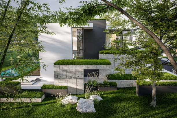 istock 3d rendering of flat roof house with concrete facade in evening 2157139654
