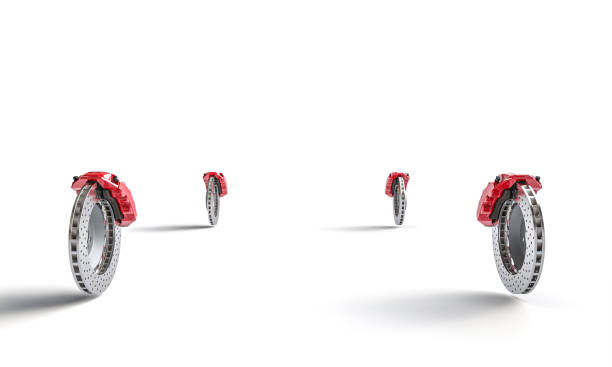 Red brake calipers brake discs  white background 3d render