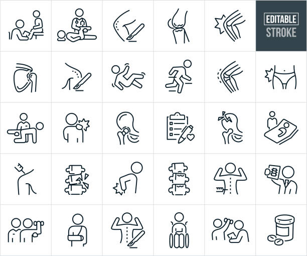 Orthopedics And Orthopedic Surgery Thin Line Icons - Editable Stroke A set of orthopedic and orthopedic surgery icons that include editable strokes or outlines using the EPS vector file. The icons include an orthopedic surgeon evaluating a patient before surgery, orthopedic surgeon checking the knee range of motion on a patient, knee surgery, painful knee, arthritis in the shoulder joint, shoulder surgery, person falling and receiving a musculoskeletal injury, knee replacement, knee arthroplasty, hip pain, physical therapist working with a patient after surgery, person experiencing shoulder pain, hip replacement, hip arthroplasty, medical checklist, broken hip, doctor visiting patient in bed after surgery, cortisone shot in shoulder, fractures spine, person with back pain, spinal arthritis, person getting a cortisone shot in the back, orthopedic surgeon reviewing an x-ray of a patients spine, physical therapist working with patient after shoulder surgery, person in a sling after shoulder surgery, woman getting back surgery, person in a wheelchair from musculoskeletal condition, therapist working with patient after shoulder surgery and a pill bottle with pills. spinal surgery recovery stock illustrations