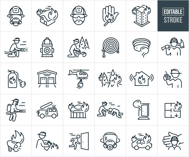 Firefighters And Firefighting Thin Line Icons - Editable Stroke A set of fire firefighters and fighting icons that include editable strokes or outlines using the EPS vector file. The icons include a fireman with helmet and respirator, house on fire, fireman avatar with helmet, no matches, prevent fires, business building on fire, firefighter using firehose to put out fire, fire hydrant, wildfire forest fighter lighting a fire in a controlled burn attempt to fight a fire, fire hose, fire alarm, smoke detector, fire fighter holding an axe, fire extinguisher, fire station, helicopter with water bucket fighting wildfire, wildfire, forest fire, home fire alarm, firefighter on radio, fire truck, fireman assisting an injured person stuck in a fire, smoke coming from door, fire evacuation route, fireman using fire extinguisher to put out fire, person running to an exit to escape a fire, self-contained breathing apparatus, car on fire and a fireman being protected. person oxygen tank stock illustrations