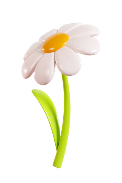 istock Daisy plastic flower with white petals, green stem and leaf. Cartoon icon 3d render illustration. 2157149638