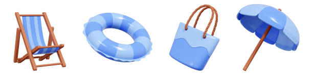 Summer sea beach vacation and swimming pool relax 3d render icons set.