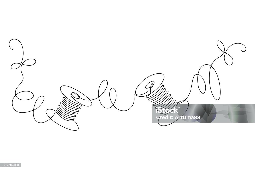 Thread Line Art Simple Spool Drawing Of Two Spools With Threads Is Continuous Line Linear Silhouette ...