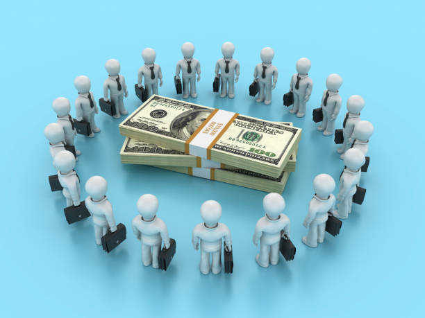 istock Stack of Dollar Bills with Cartoon Business Teamwork 2157156960