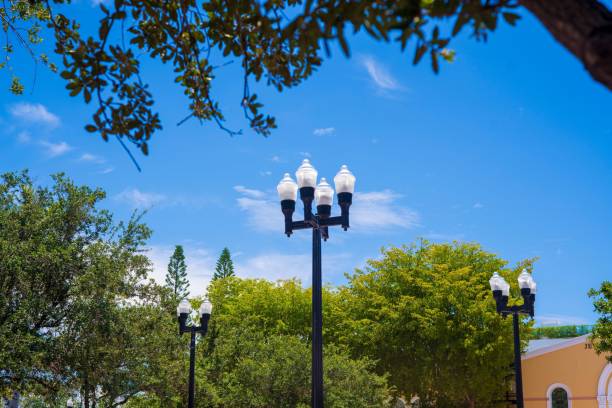 istock Streetlamp with blue sky and green trees 2157160471