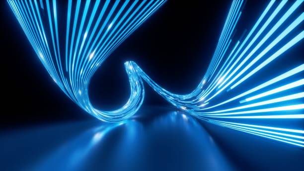 istock 3d render, abstract background. Curvy neon ribbon with glowing lights. Telecommunication and internet technology concept. Data transfer metaphor. Particles moving and leaving glowing tracks 2157169116