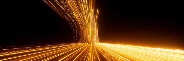 istock 3d render, abstract neon wallpaper. Yellow glowing lines over black background. Streaming energy 2157169135