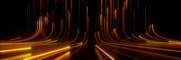 istock 3d render. Abstract background of yellow neon lines ascending. Modern digital wallpaper. Streaming power 2157169147