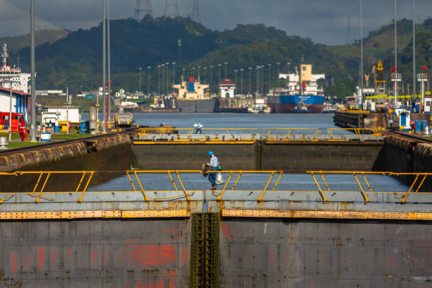 View of the Miraflores Locks. Giant locks allow huge ships to pass through the Panama Canal.