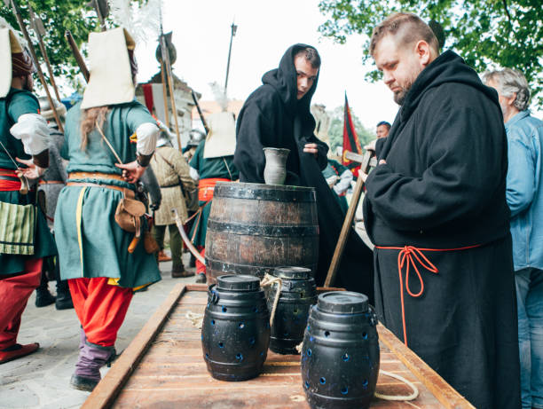 Červený Kameň Castle, Slovakia - May 25, 2024: People in medieval attires historical reenactment event. Reconstructions provide valuable insights into daily life, past eras traditions in Slovakia.