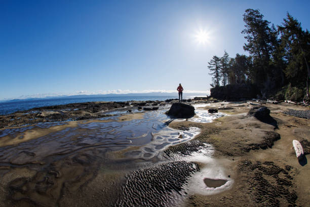 A woman looks at the view during a beach hike on Hornby Island in British Columbia, Canada. Hornby Island is a small island near Vancouver Island in British Columbia, Canada.