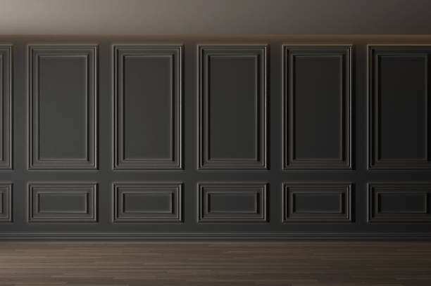 istock Black empty interior with wall panels and wooden floor. Classic interior design 2157178815