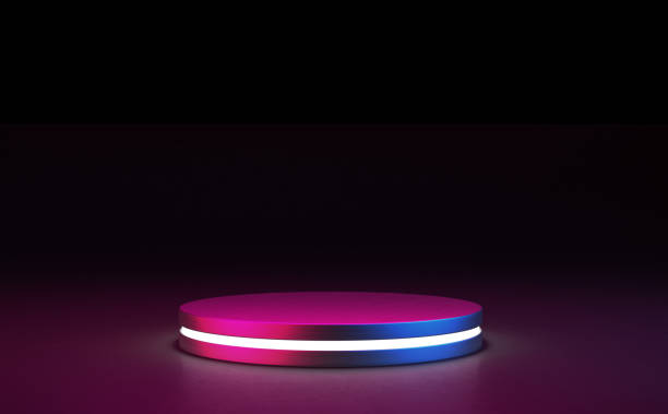 istock Empty metal podium with neon lights for display product. 2157179958