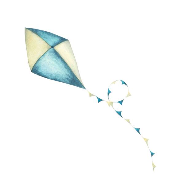 Watercolor kite in beige and blue delicate colors with colorful ribbon. Hand-drawn illustration isolated on white background. Children's toy, flies. Perfect for prints, posters, covers, cards, decorations.