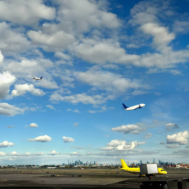 Commercial airplane taking off at airport runway