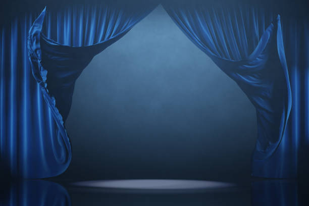Blue curtains in motion. Dark scene with smoke. 3d