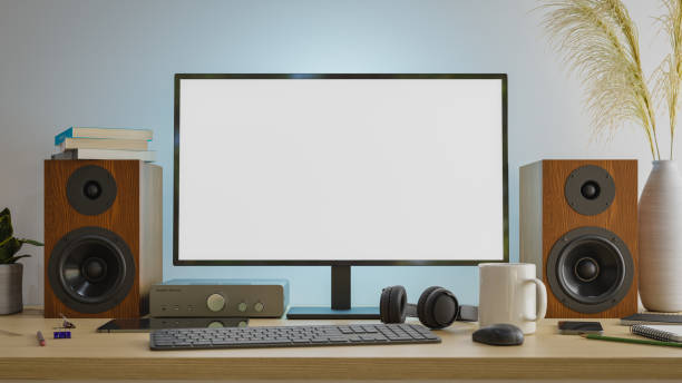 istock computer monitor screen mockup with audio bookshelf speaker. 3d rendering 2157181118