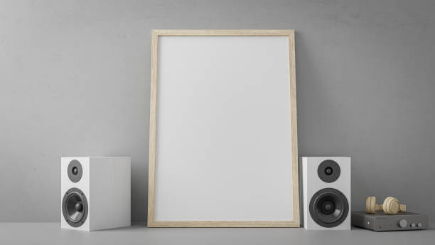 istock picture frame mockup with audio bookshelf speaker. 3d rendering 2157181127