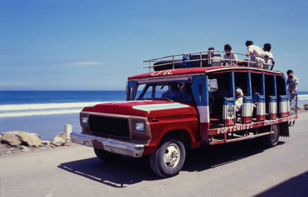Guayaquil, Ecuador - June 11, 2024: Rustic bus on a road on the Crucita coast