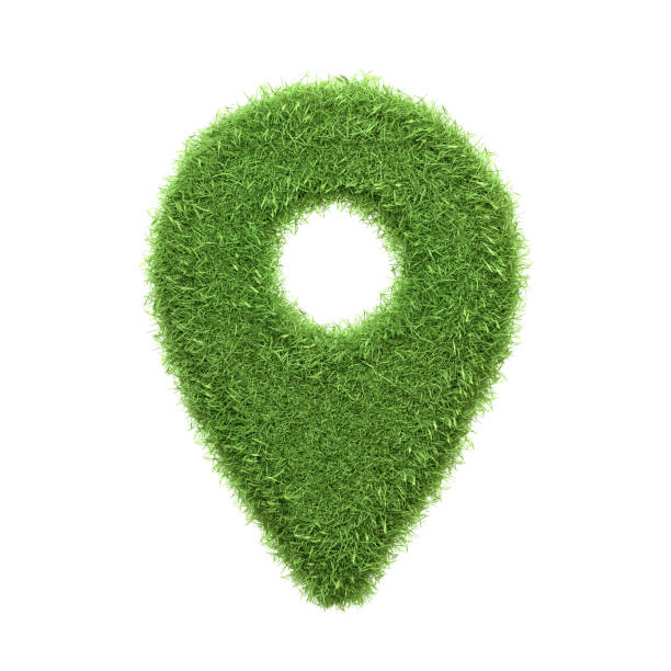 A map pin icon designed with green grass texture isolated on a white background, symbolizing environmentally conscious navigation and green locations. 3D render illustration