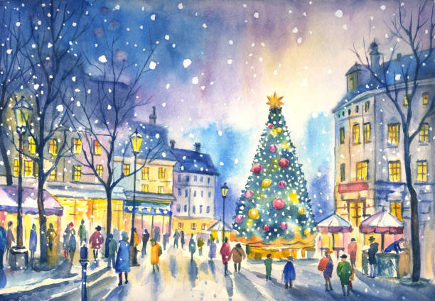 aquarelllandschaft einer neujahrs- oder weihnachtsstadt - tradition stock-grafiken, -clipart, -cartoons und -symbole