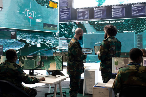 istock Privates team working with radar CCTV systems to detect enemy missiles 2157186620